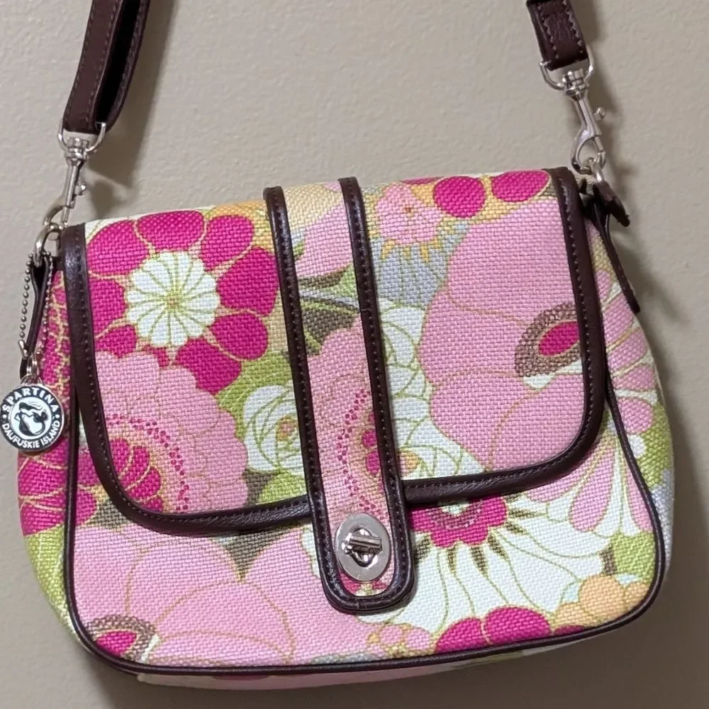 Spartina linen leather floral crossbody satchel in pink white green